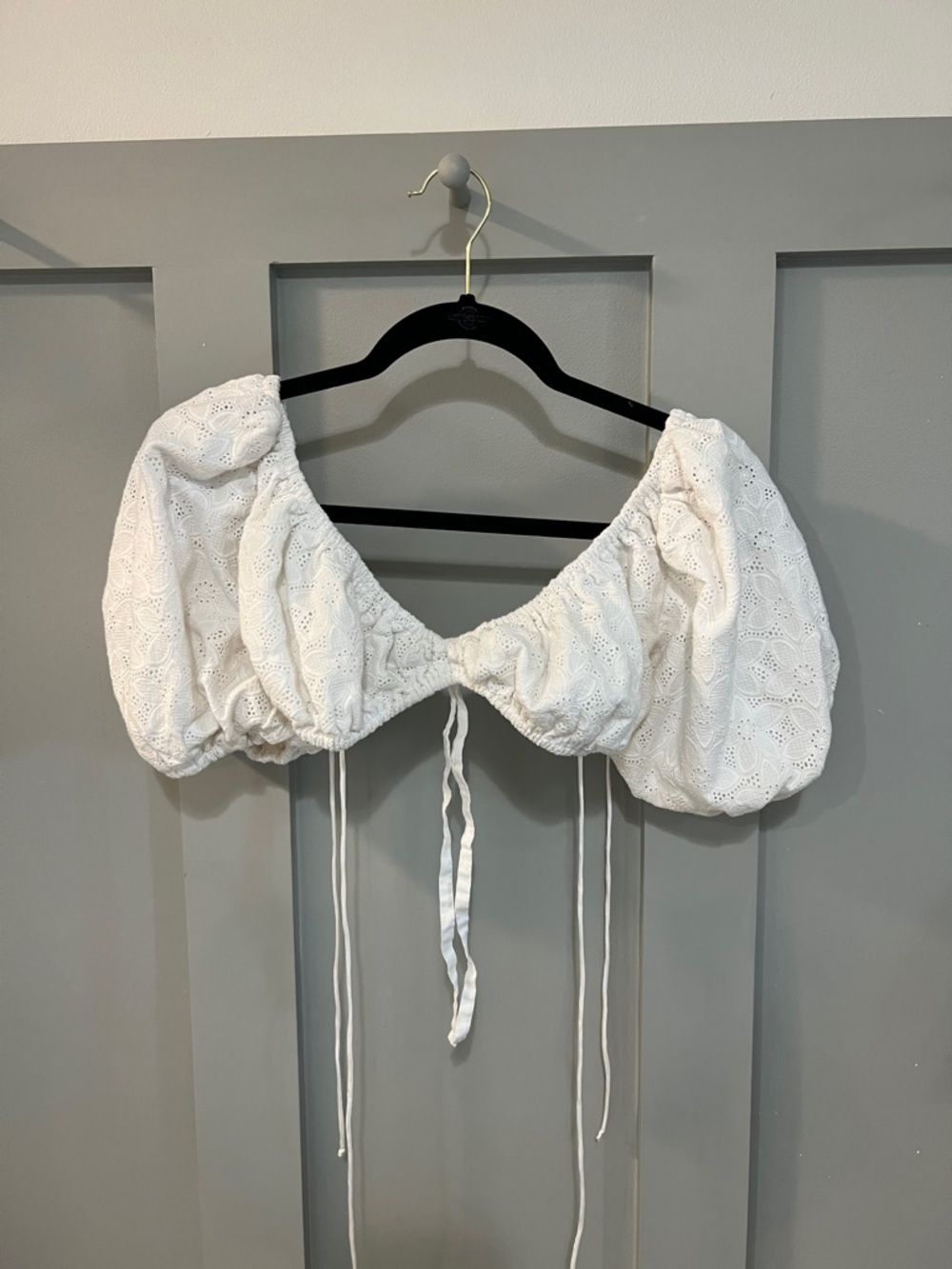For Love And Lemons White Eyelet Puff-Sleeve Tie-Front Crop Top